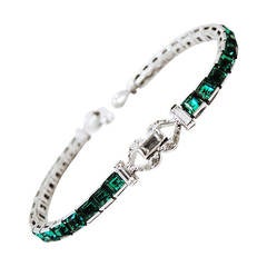 Retro Deco Signed Trifari Green & Clear Tennis Bracelet