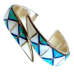 Vintage American Indian Navajo Signed Teme Sterling Silver, Turquoise, MOP Cuff
