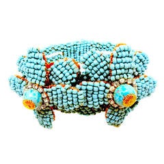 Vintage Faux Turquoise Bead Floral Clamper Bracelet