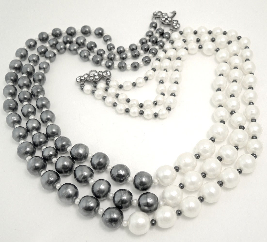 Vintage Signed Chanel 3Strand Gray and White Faux Pearl Necklace at 1stDibs 3 strand faux