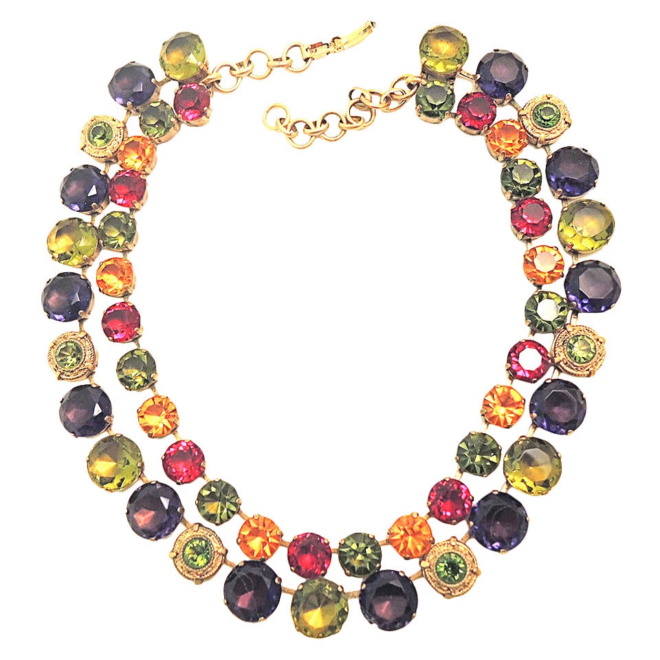 Vintage Signed JL Blin Paris Multi-Color 2-Strand Rhinestone Necklace