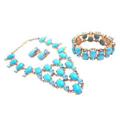 French Signed CN Faux Turquoise Bib Necklace, Stretch Bracelet & Earrings
