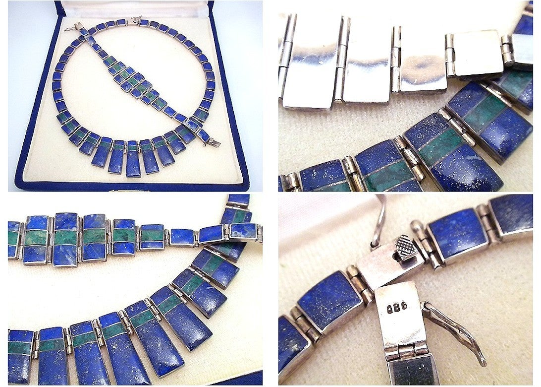 This vintage necklace features lapis & malachite stones in a sterling silver setting. The necklace measures 18” with pressure closure and security snap x 1 ¼” at the front and tapering to 3/8”. The bracelet is 7 ½” with pressure closure and security