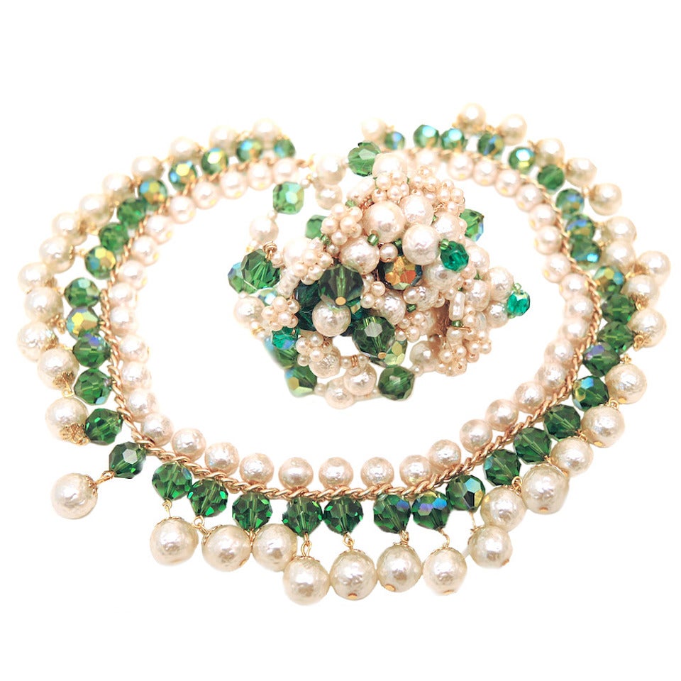 Vintage Signed Hobe Faux Pearl & Green Glass Bead Necklace & Wrap Bracelet