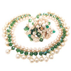 Retro Signed Hobe Faux Pearl & Green Glass Bead Necklace & Wrap Bracelet