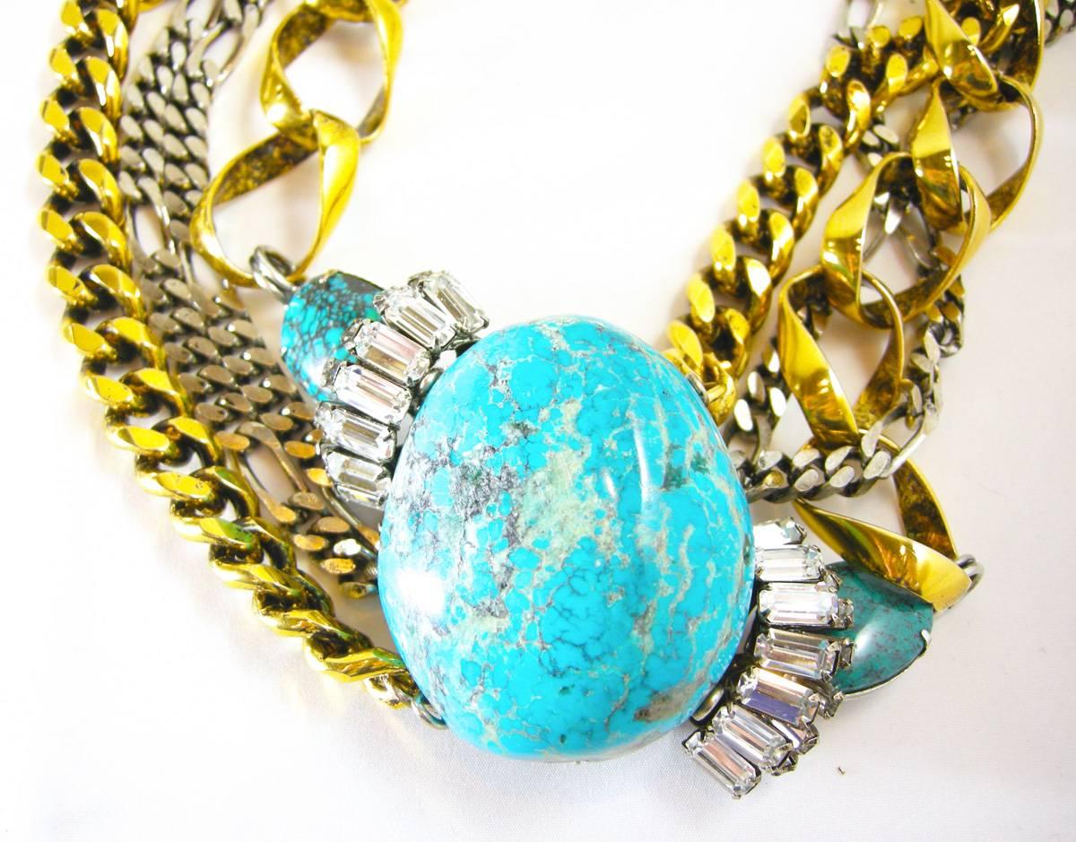 Vintage 1980s Iradj Moini Multi-Strand Turquoise and Crystal Link Necklace In Excellent Condition In New York, NY