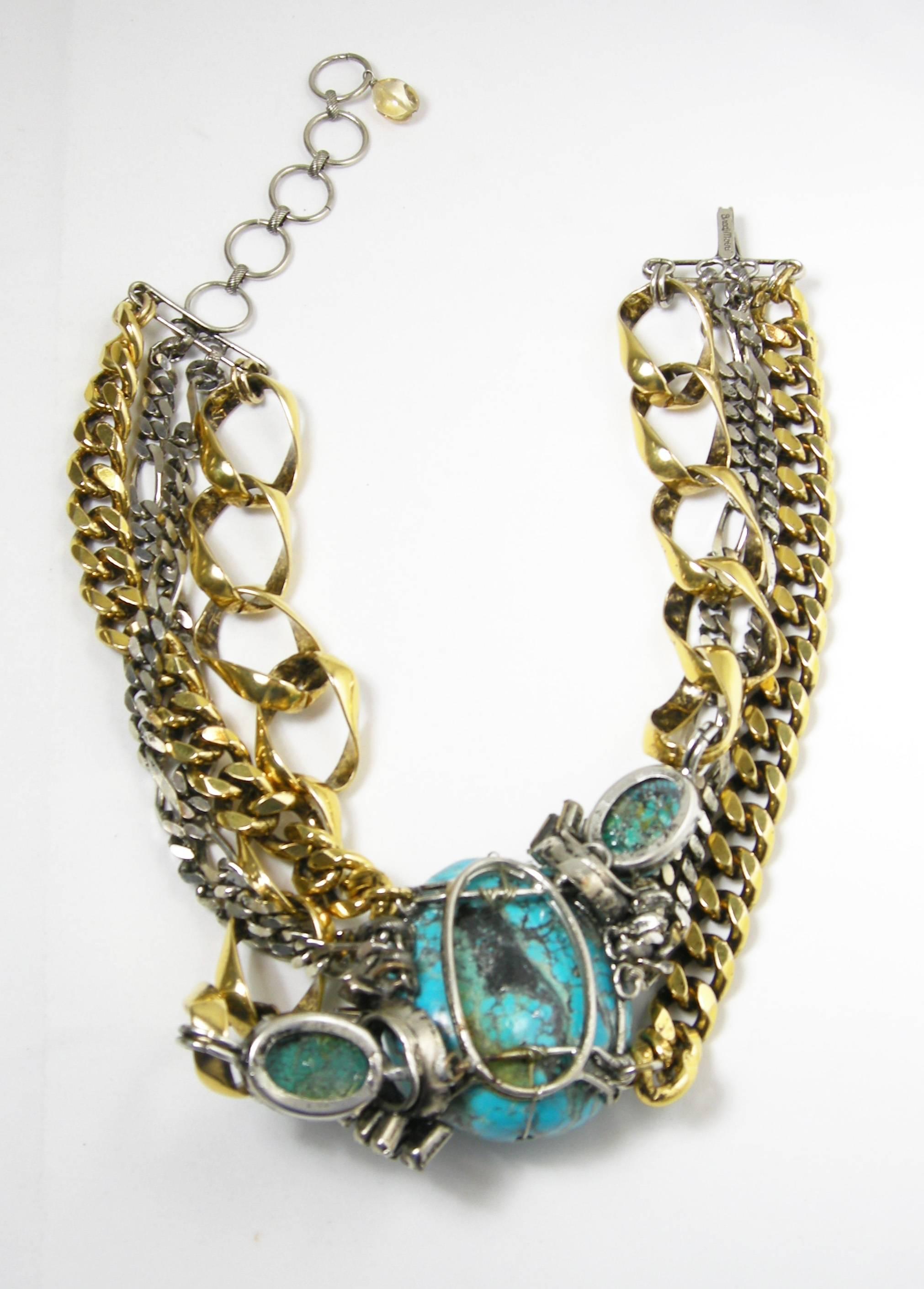 Vintage 1980s Iradj Moini Multi-Strand Turquoise and Crystal Link Necklace 1