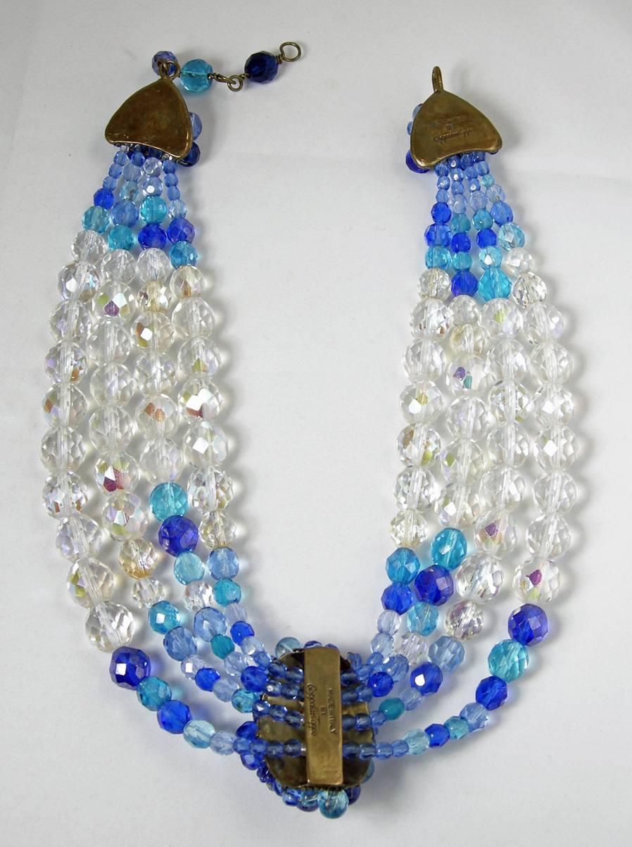 Vintage 1950s Coppola e Toppo Italy 3-Tone Blue & Clear Glass Bead Multi-Strand  In Excellent Condition In New York, NY