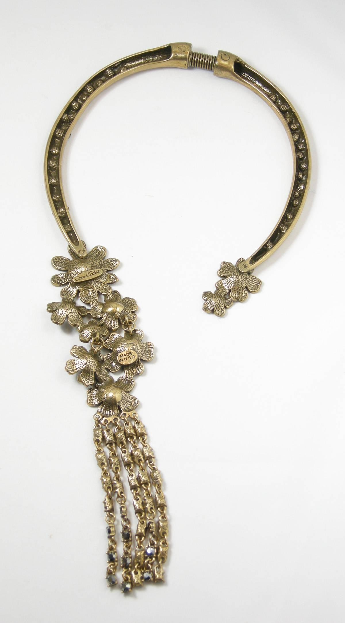 Women's Vintage Oscar De La Renta Asymmetrical Flower Diamante Collar Necklace