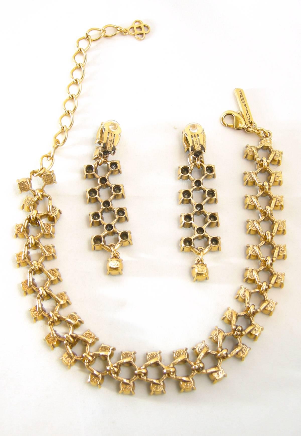 Vintage Oscar De La Renta Dark Blue Rhinestone Necklace & Drop Earrings In Excellent Condition In New York, NY