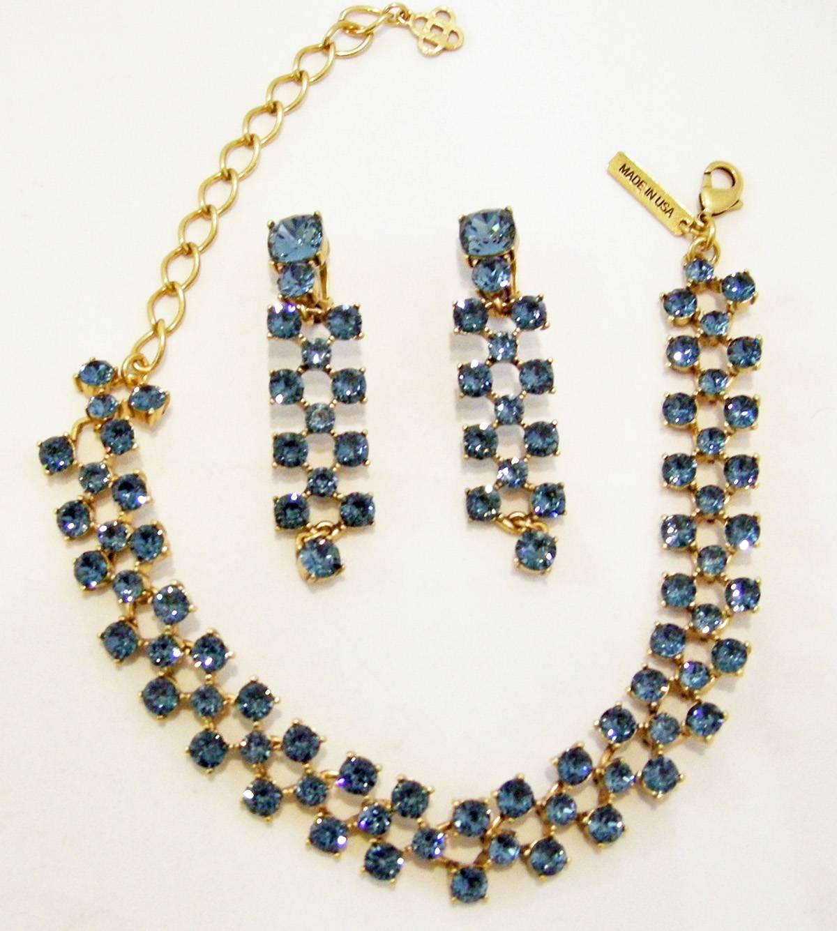 Vintage Oscar De La Renta Dark Blue Rhinestone Necklace & Drop Earrings 1