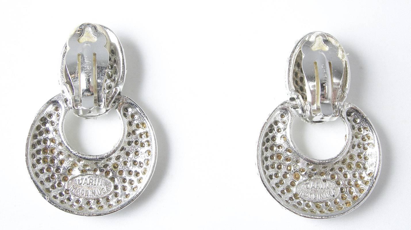 intage Sterling Silver Signed Jarin Couture Crystal Doorknocker Runway Earrings In Excellent Condition In New York, NY