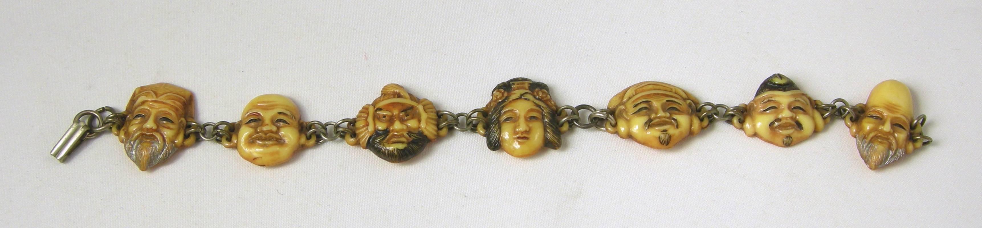 Rare Vintage Celluloid Toshikane Seven Lucky Gods Bracelet In Excellent Condition In New York, NY