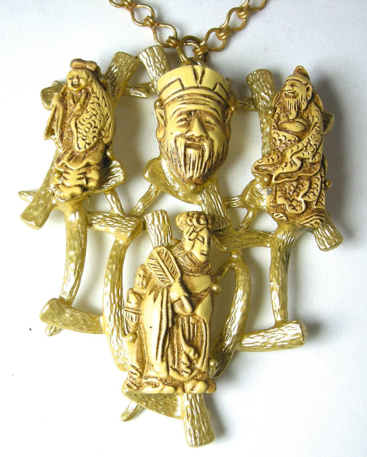 Vintage Carved Gods of Fortune Buddha Good Luck Pendant, Bracelet & Earrings In Excellent Condition For Sale In New York, NY