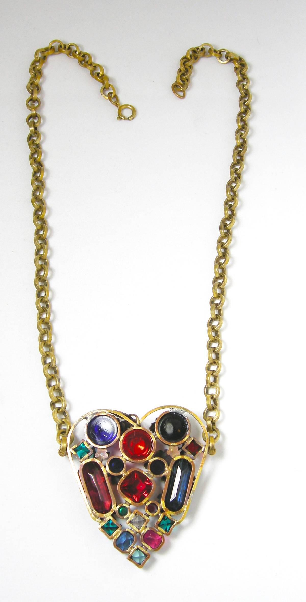 Vintage Art Deco 30s Czech Multi-Color Heart Pendant Necklace In Excellent Condition In New York, NY