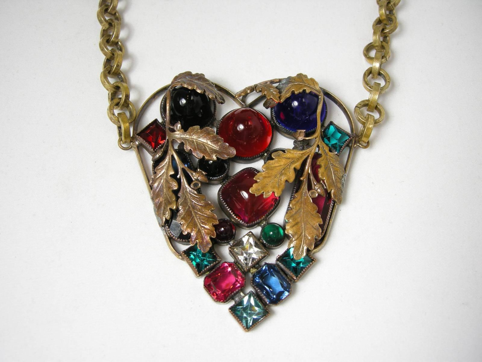 Women's Vintage Art Deco 30s Czech Multi-Color Heart Pendant Necklace