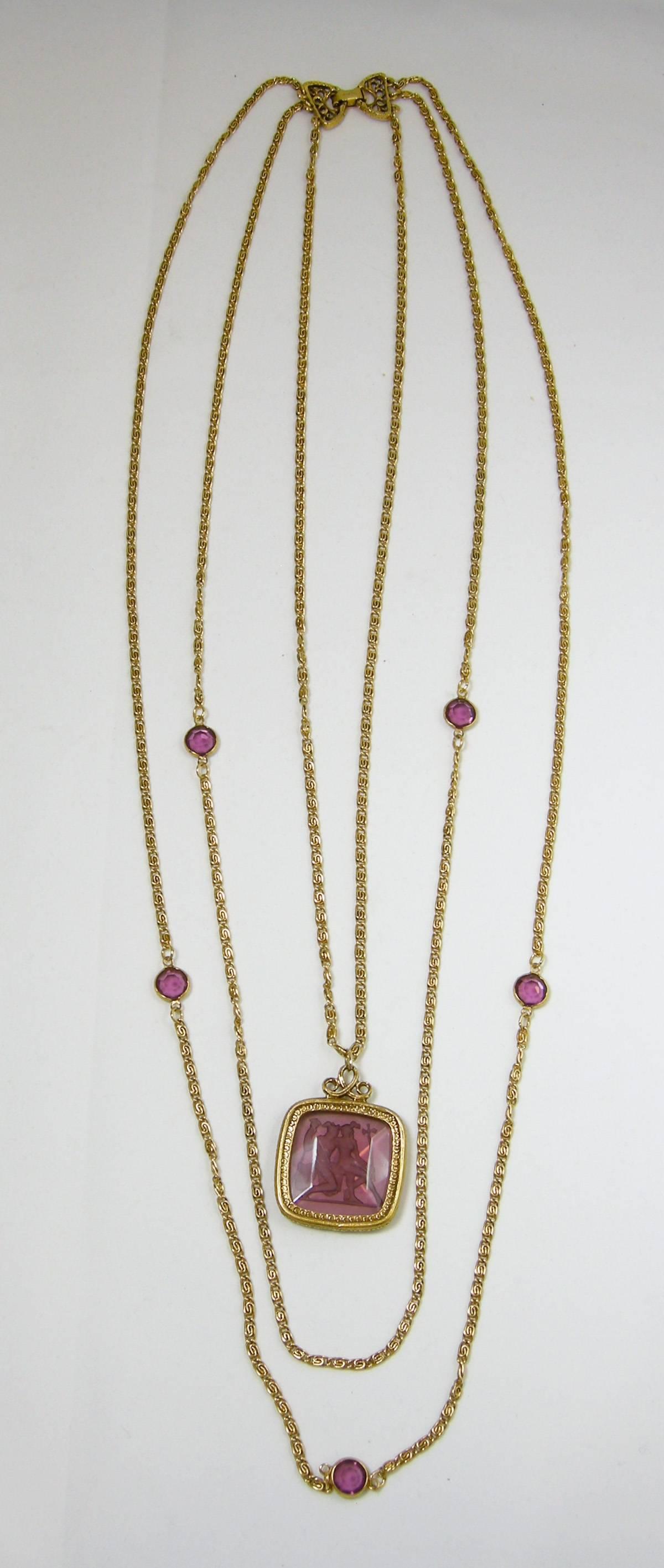 Vintage Signed Goldette Intaglio 3-Strand Pendant Necklace In Excellent Condition In New York, NY