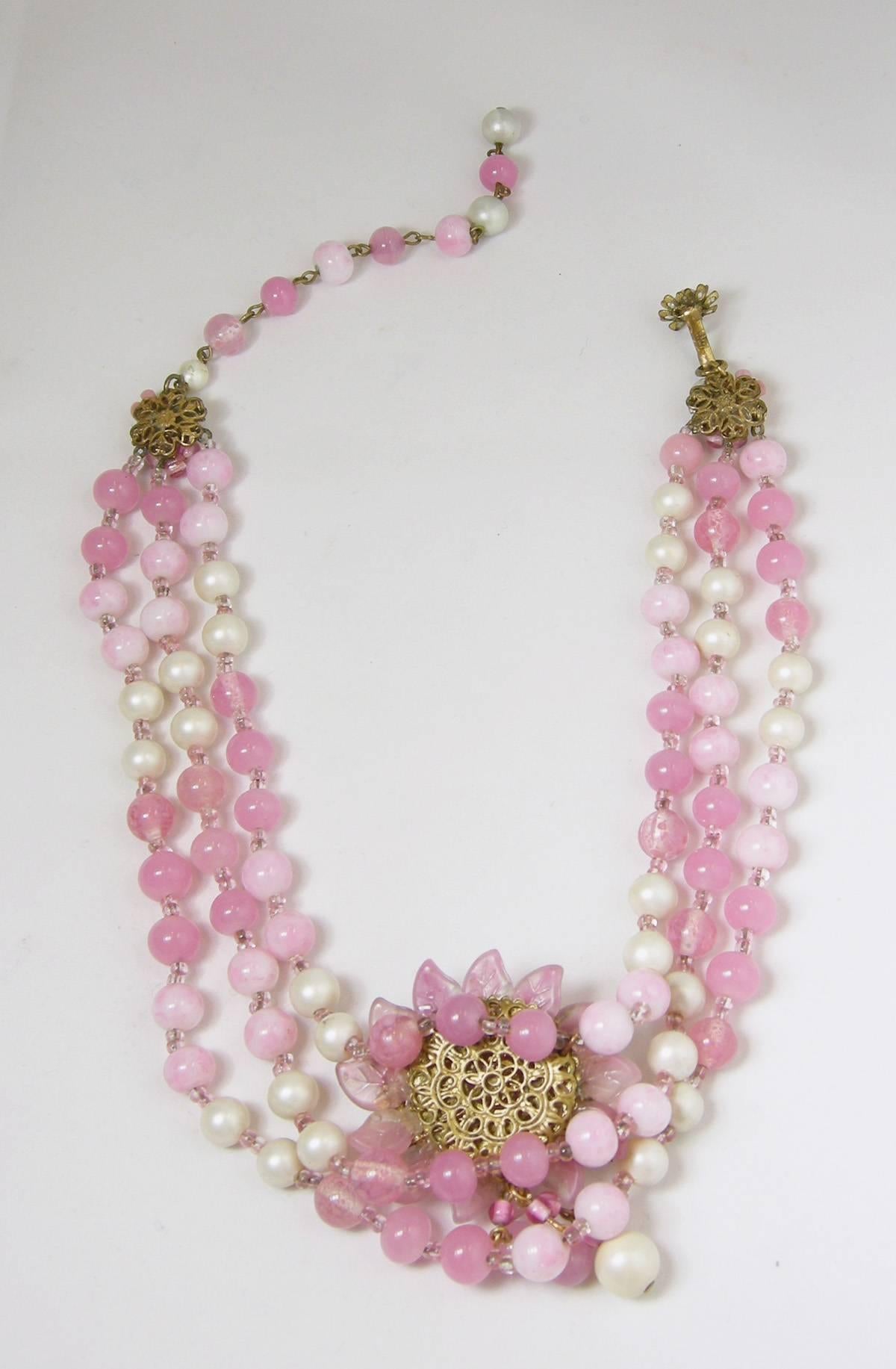 Vintage Miriam Haskell Pink Glass & Pearl Necklace In Excellent Condition In New York, NY