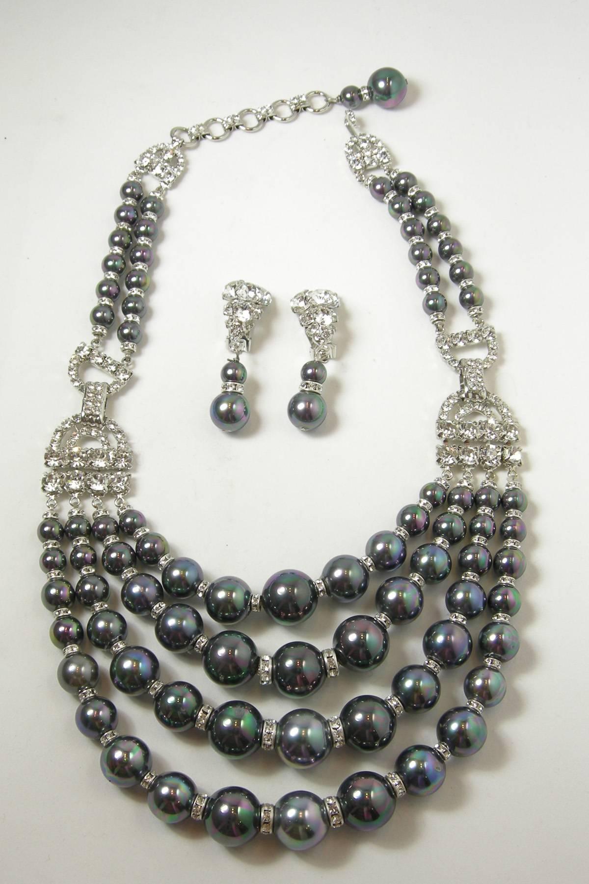 One-Of-A-Kind Robert Sorrell Tahitian Pearl and Crystal Necklace Set In Excellent Condition For Sale In New York, NY