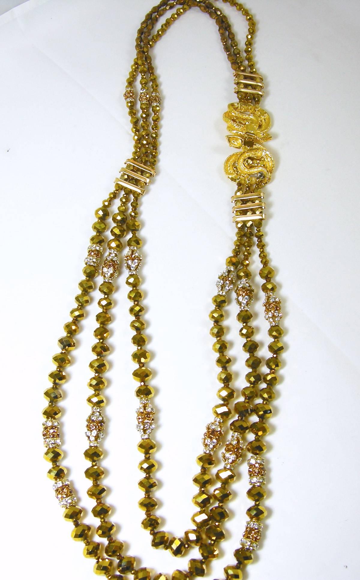 Robert Sorrell Three Strand Beaded Crystal Snake Necklace In Excellent Condition In New York, NY