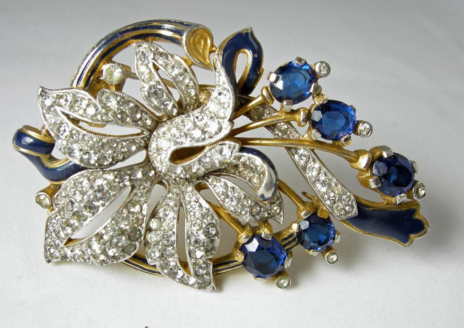 Rare Vintage 30s Signed Trifari Sapphire and Clear Rhinestone Sterling