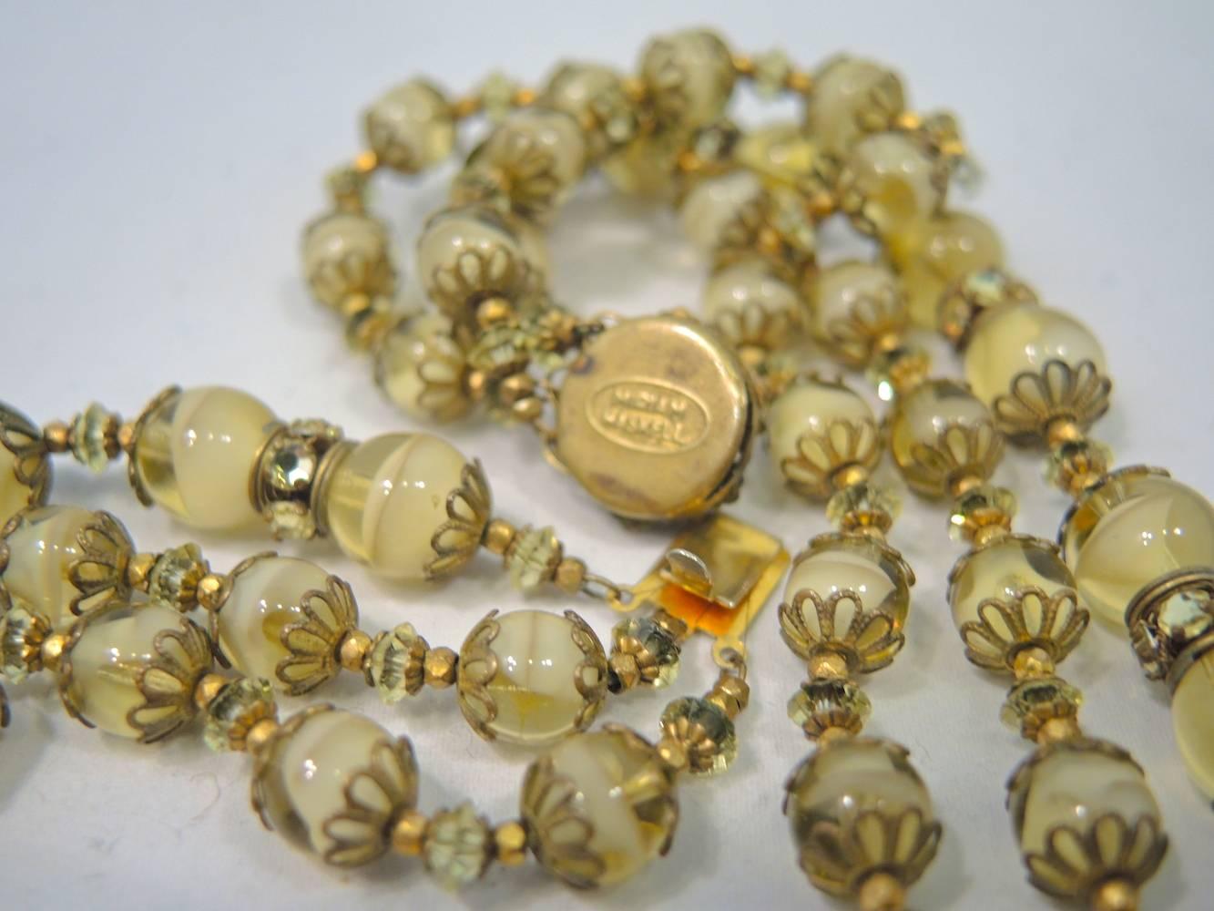 Miriam Haskell Vintage Three Strand Glass Bead Necklace, 1950s   In Excellent Condition For Sale In New York, NY