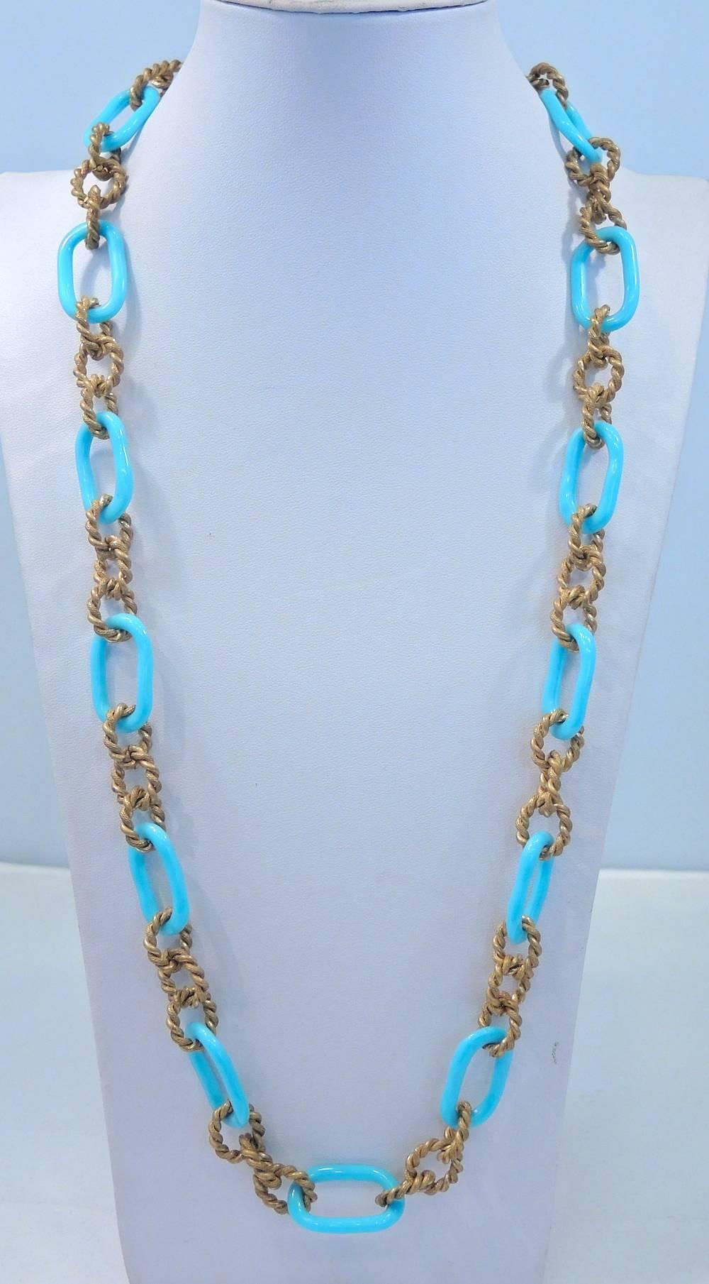 Vintage Very Famous 1950s Signed Miriam Haskell Turquoise Glass Link Chain Neckl In Excellent Condition In New York, NY
