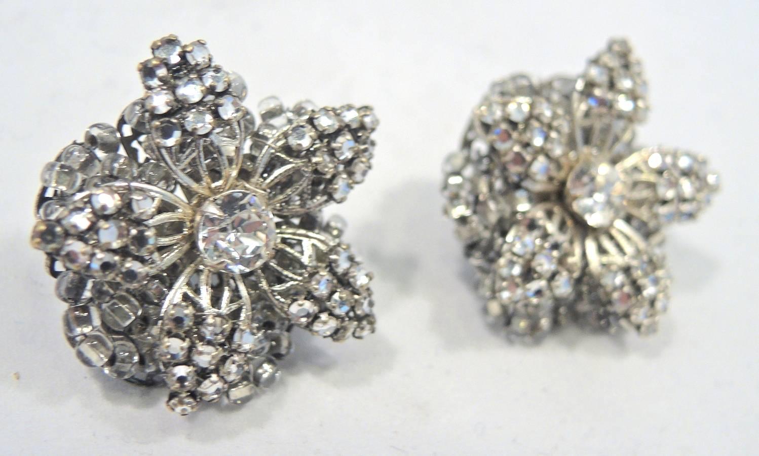 Vintage Miriam Haskell Floral Crystal Earrings In Excellent Condition In New York, NY