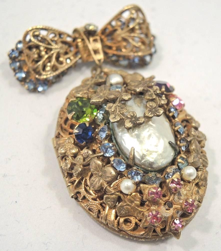 Vintage Rare 1950s Miriam Haskell Locket Brooch Pin For Sale at 1stdibs