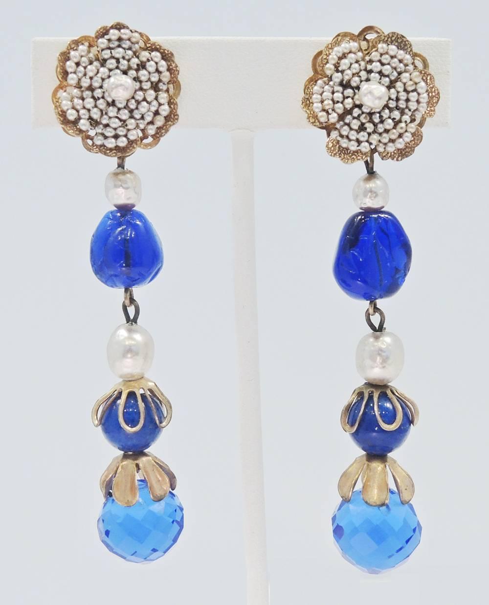 Vintage Long, Rare Signed Miriam Haskell Blue & Faux Pearl Earrings In Excellent Condition In New York, NY