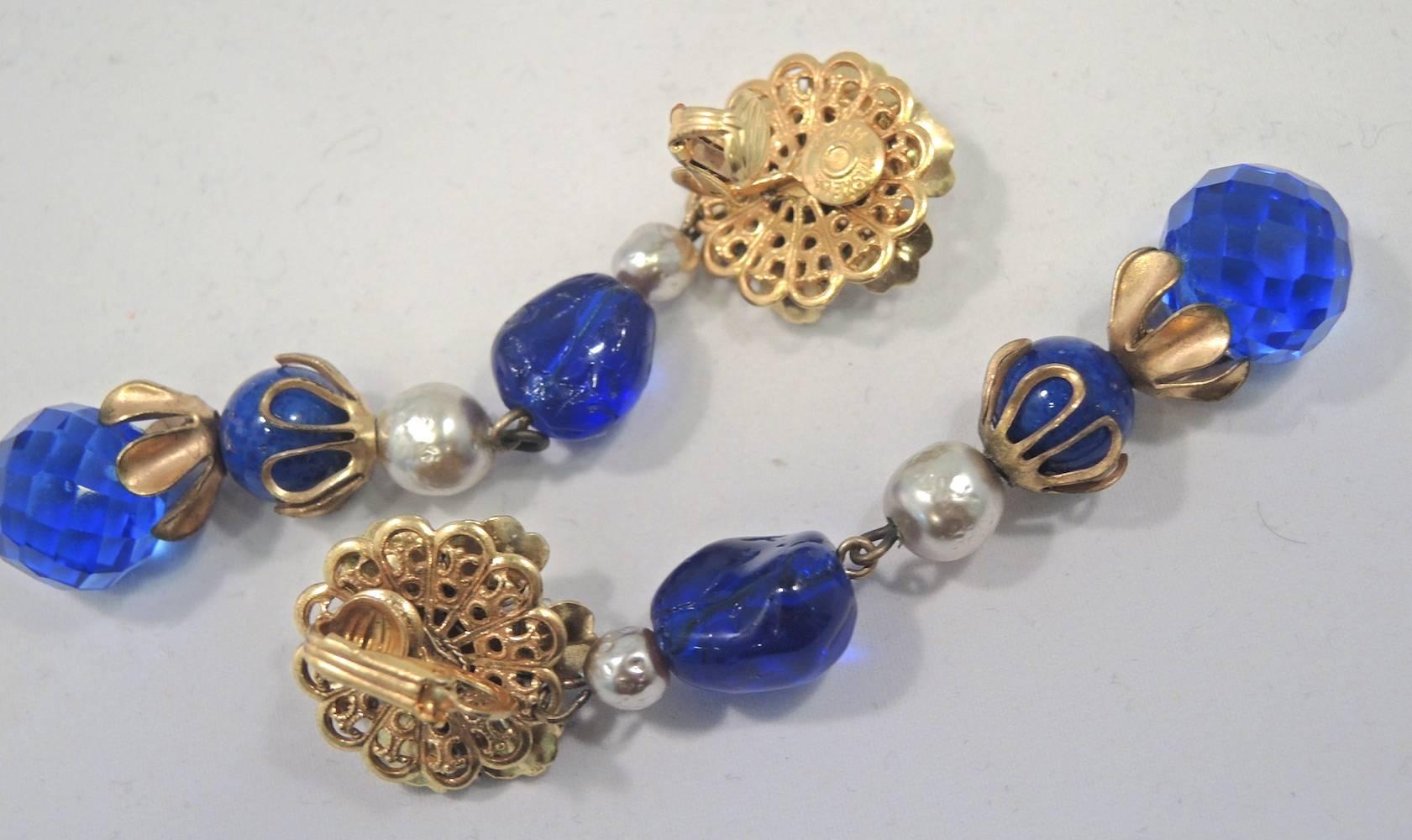 Women's Vintage Long, Rare Signed Miriam Haskell Blue & Faux Pearl Earrings