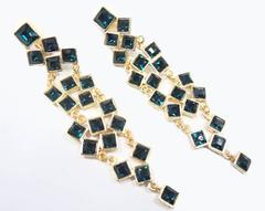 Signed Kenneth Jay Lane Shoulder Duster Green Rhinestone Earrings