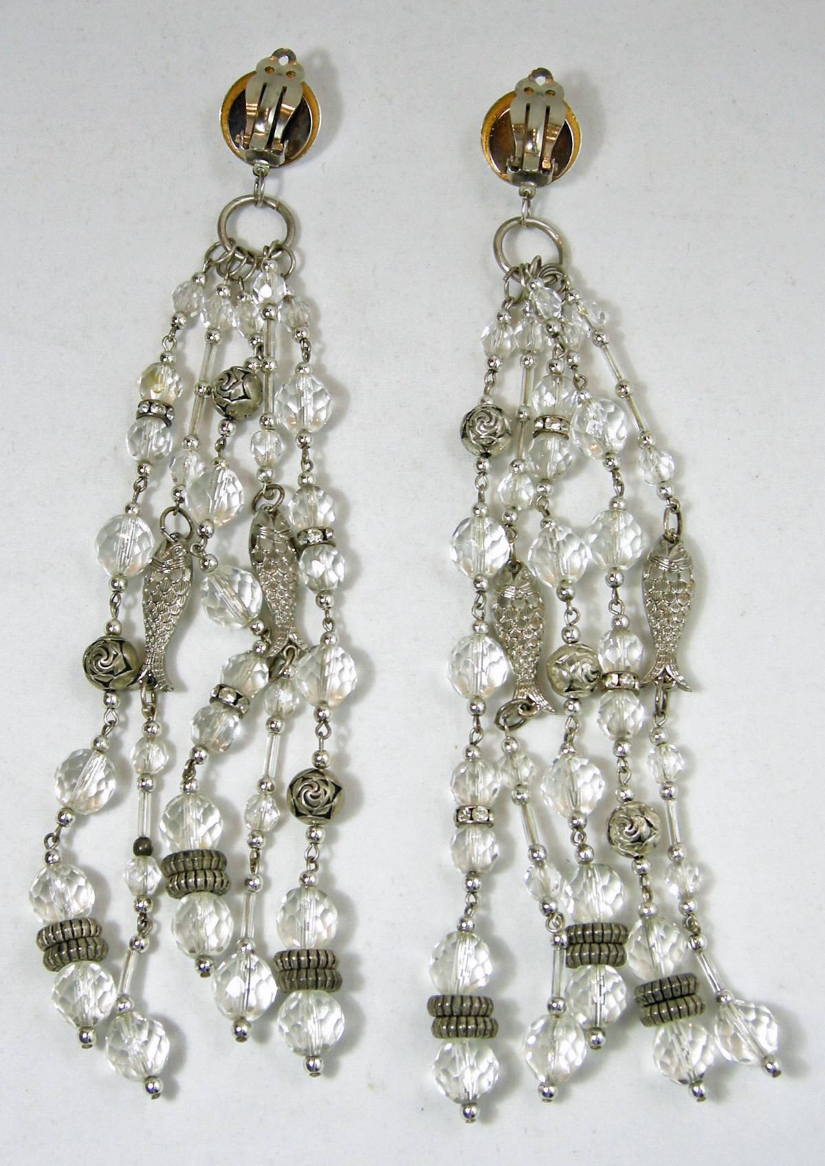 Massive Elegant Lucite Dangling Fish Clip Earrings In Excellent Condition In New York, NY