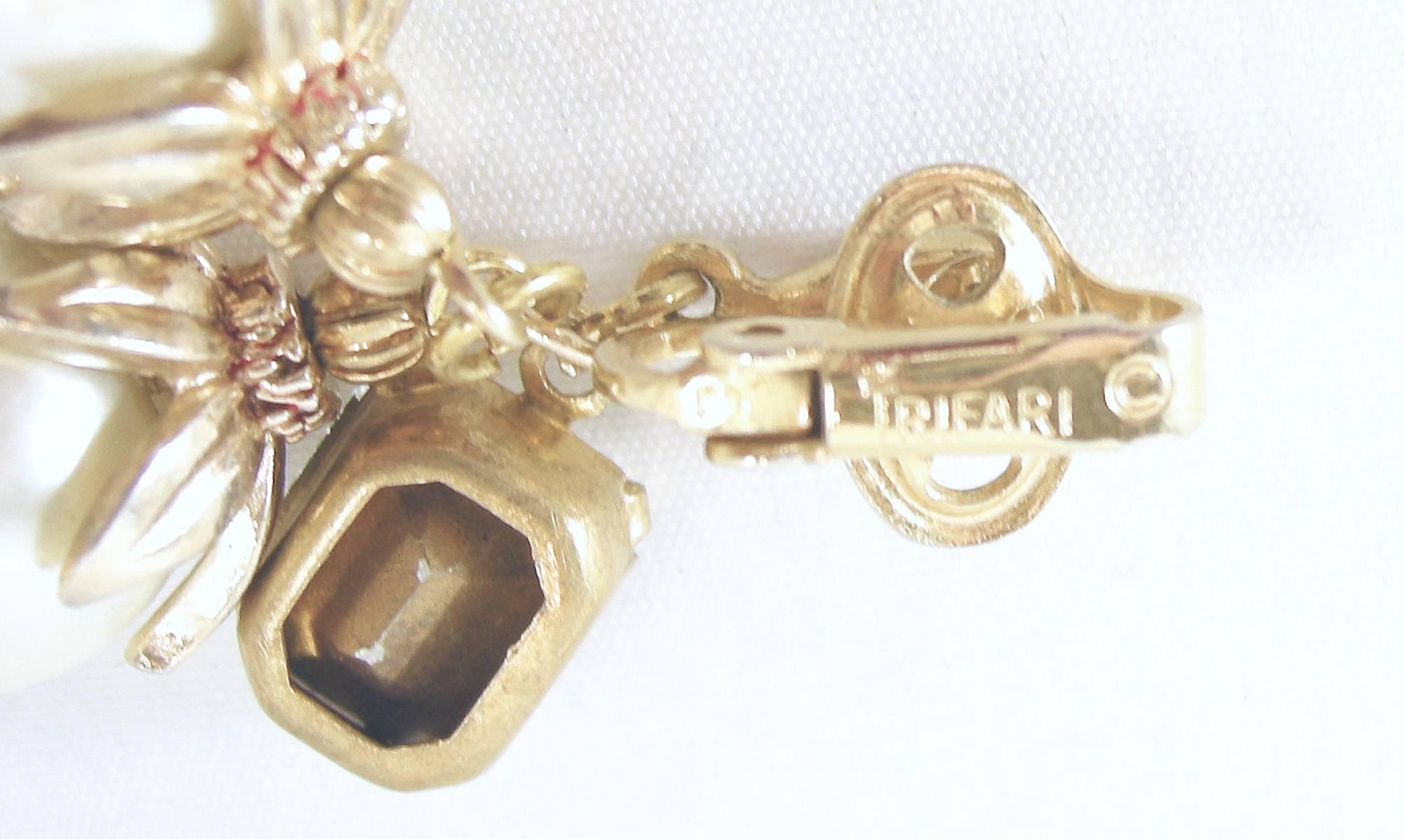 Women's or Men's Vintage Signed Trifari Pearl Drop Clip Earrings