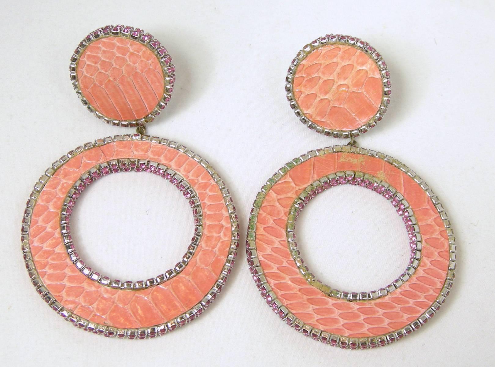 Vintage 1970s Large Pink Faux Snake & Rhinestone Dangling Earrings In Excellent Condition In New York, NY