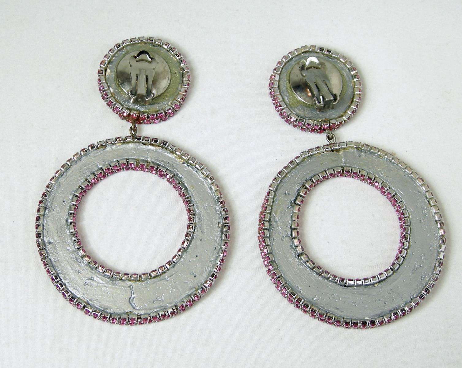 Women's Vintage 1970s Large Pink Faux Snake & Rhinestone Dangling Earrings