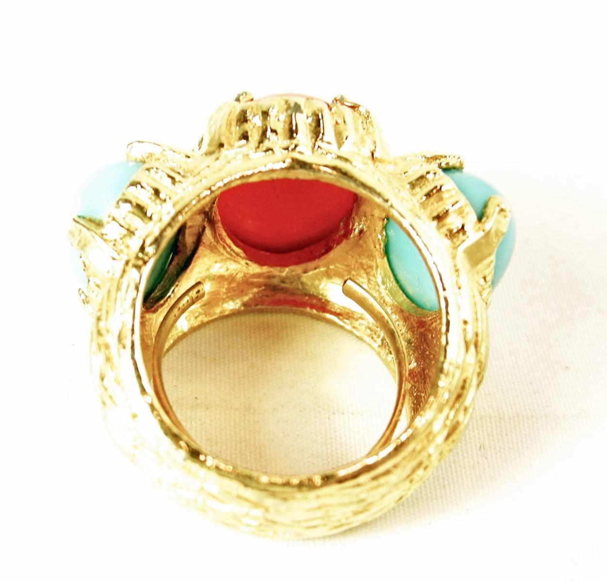 Women's or Men's Faux Turquoise Coral Vintage Cocktail Ring, 1980s  For Sale