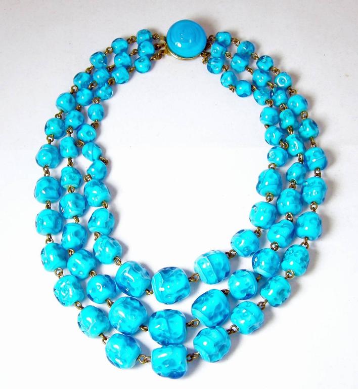 Vintage Three Strand Turquoise Murano Glass Necklace at 1stDibs