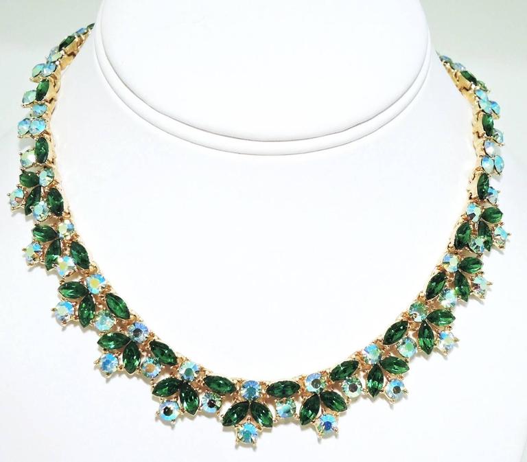 Vintage Signed Trifari Green and Aurora Borealis Rhinestone Necklace at