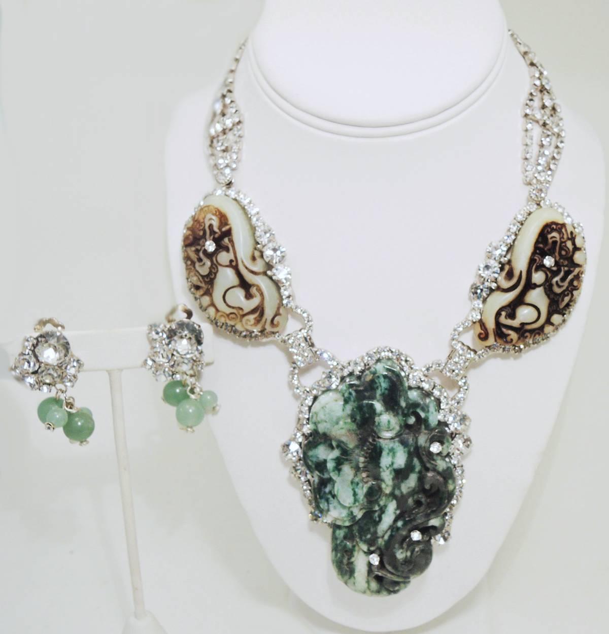 Robert Sorrell “One Of A Kind” Carved Faux Jade & Crystals Necklace & Earrings In Excellent Condition For Sale In New York, NY