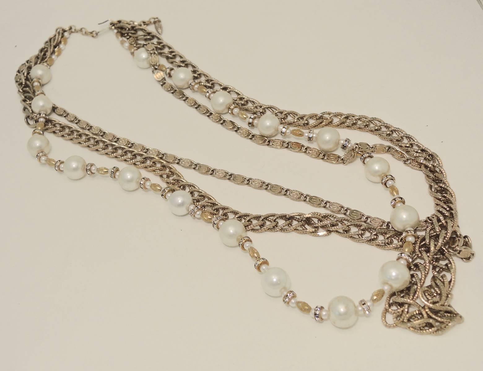 Women's Vintage Trifari Three Strand Faux Pearl & Gold Tone Link Necklace & Earrings Set