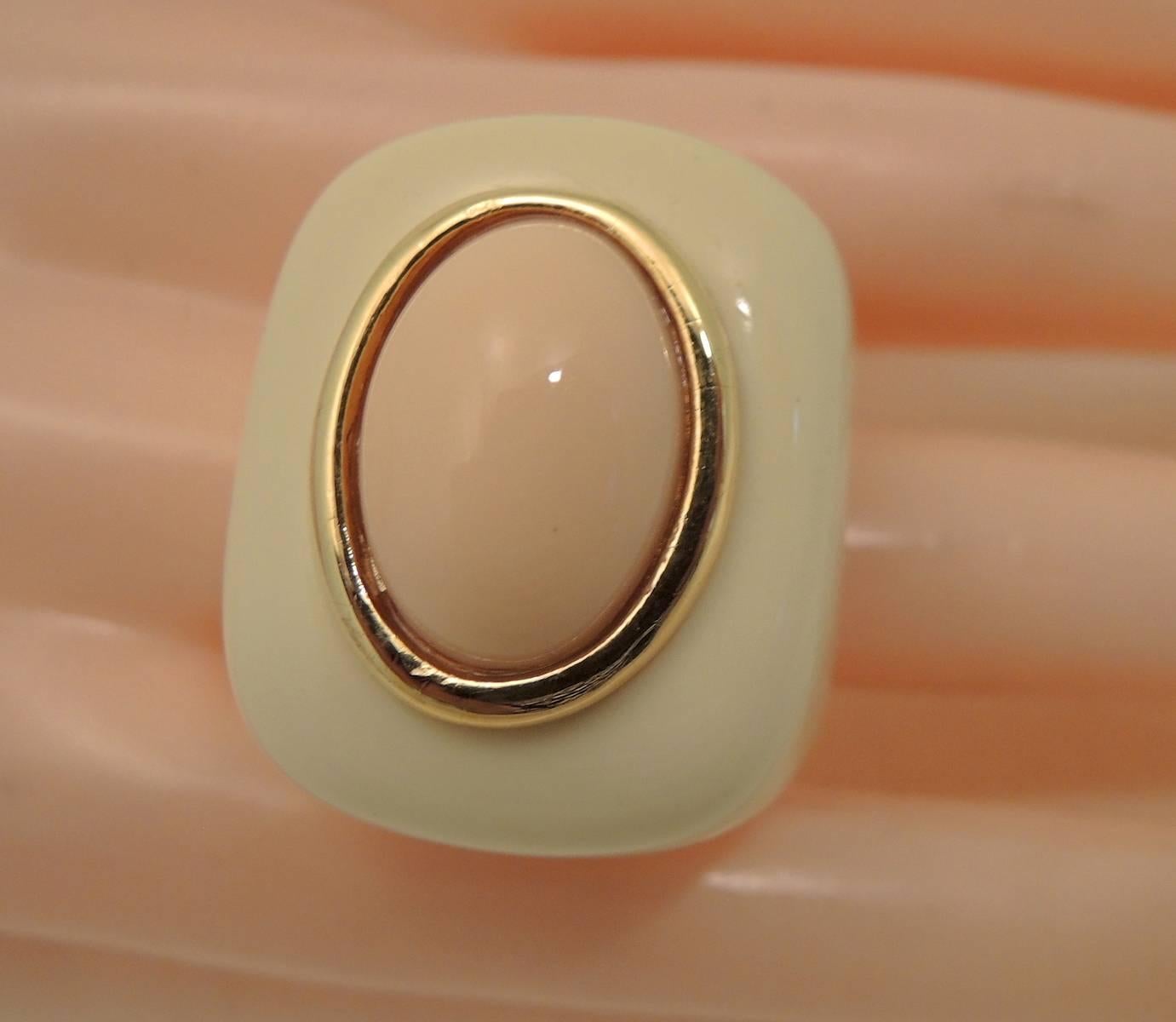 Women's or Men's Kenneth Jay Lane Cream Enamel & Pink /Coral Stone Ring