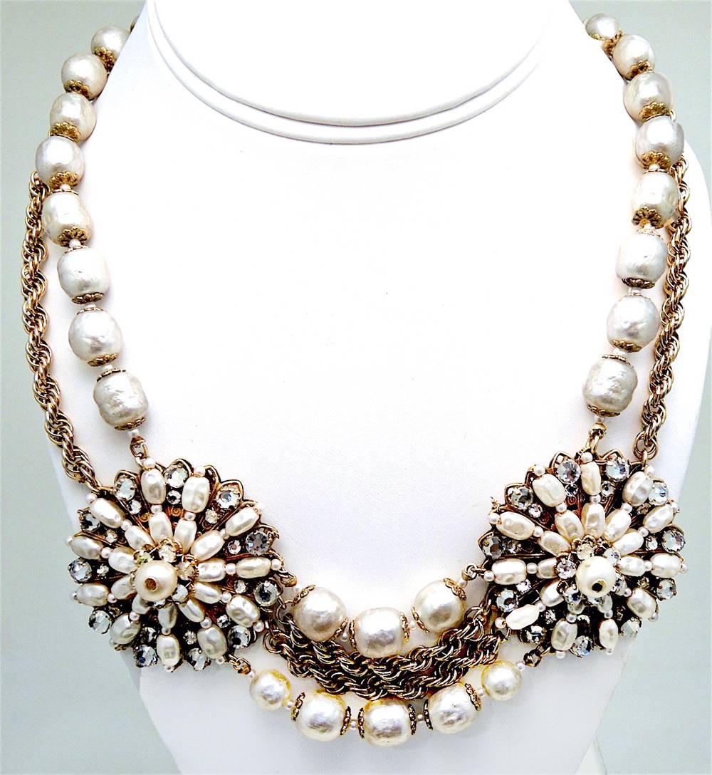 Women's Vintage 1940s Miriam Haskell Double Medallion Faux Baroque Pearl Necklace  