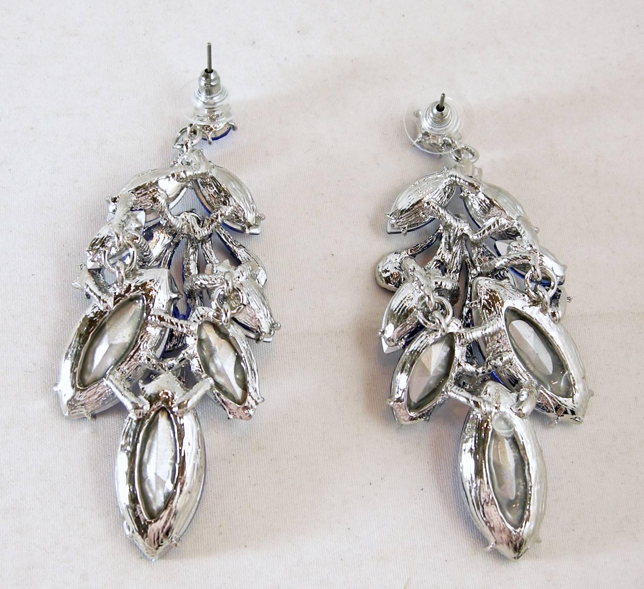 Vibrant Electric Blue Rhinestone Drop Pierced Earrings In Excellent Condition In New York, NY