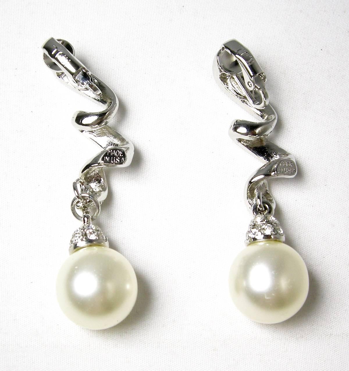 Vintage Rare  “K.J.L” Faux Pearl & Rhinestone Drop Earrings In Excellent Condition For Sale In New York, NY