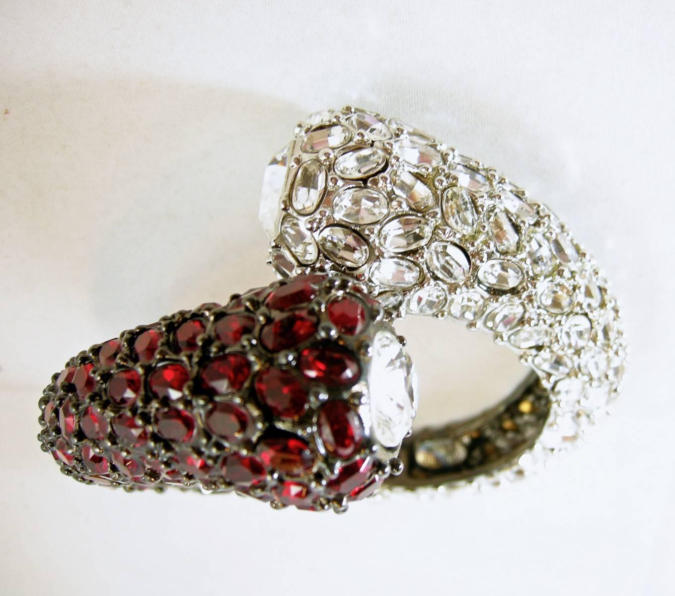 Kenneth Jay Lane Clear and Ruby Red Clamper Bracelet In Excellent Condition For Sale In New York, NY