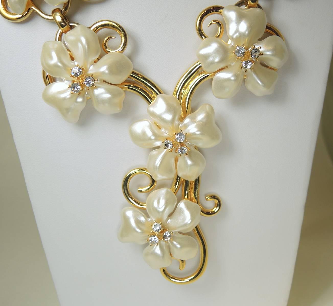 Kenneth Jay Lane Swirling Faux Pearl & Crystals Drop Necklace  In Excellent Condition In New York, NY