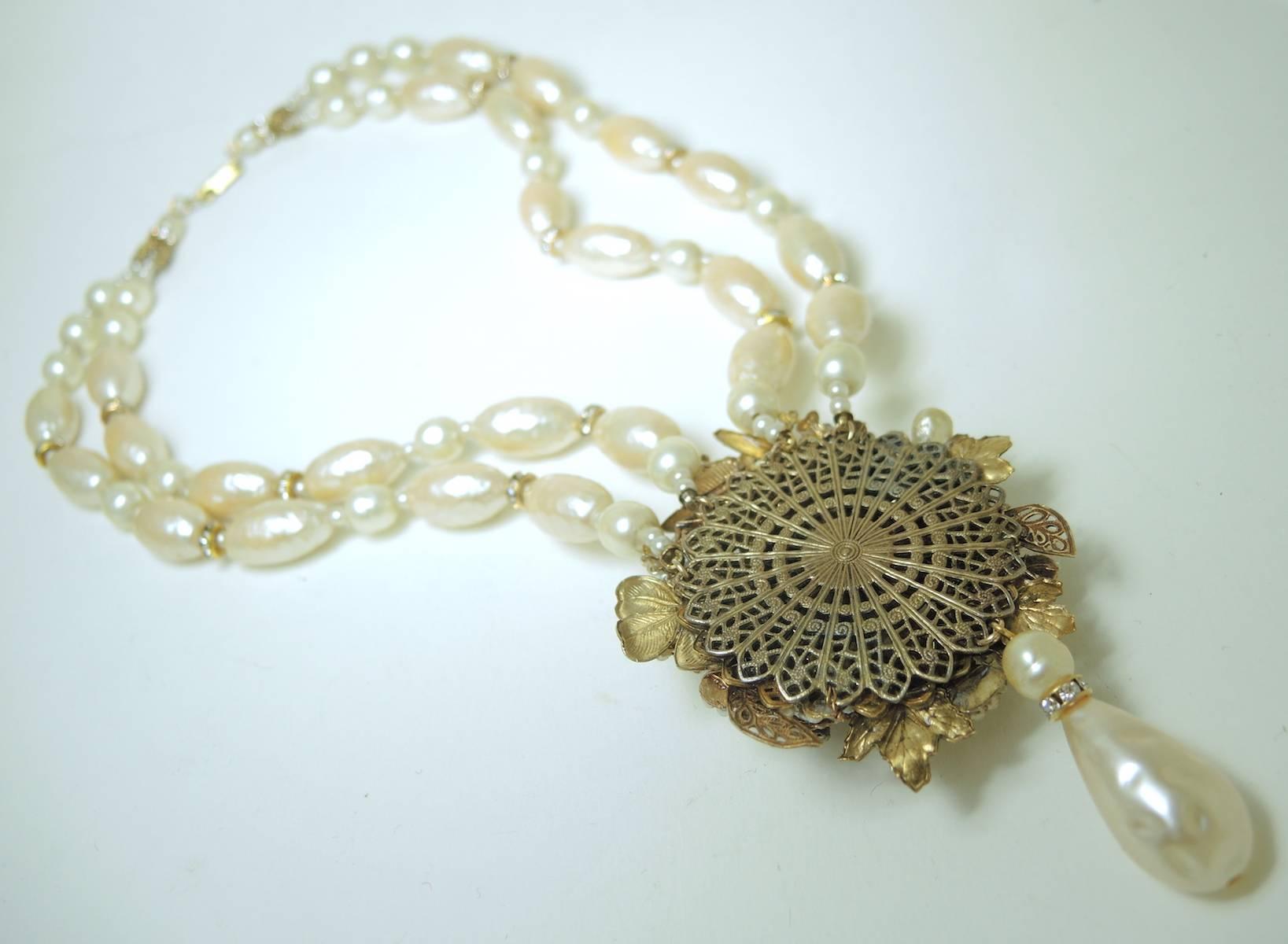 Miriam Haskell Vintage Double Strand Baroque Faux Pearl Necklace, 1960s In Excellent Condition For Sale In New York, NY