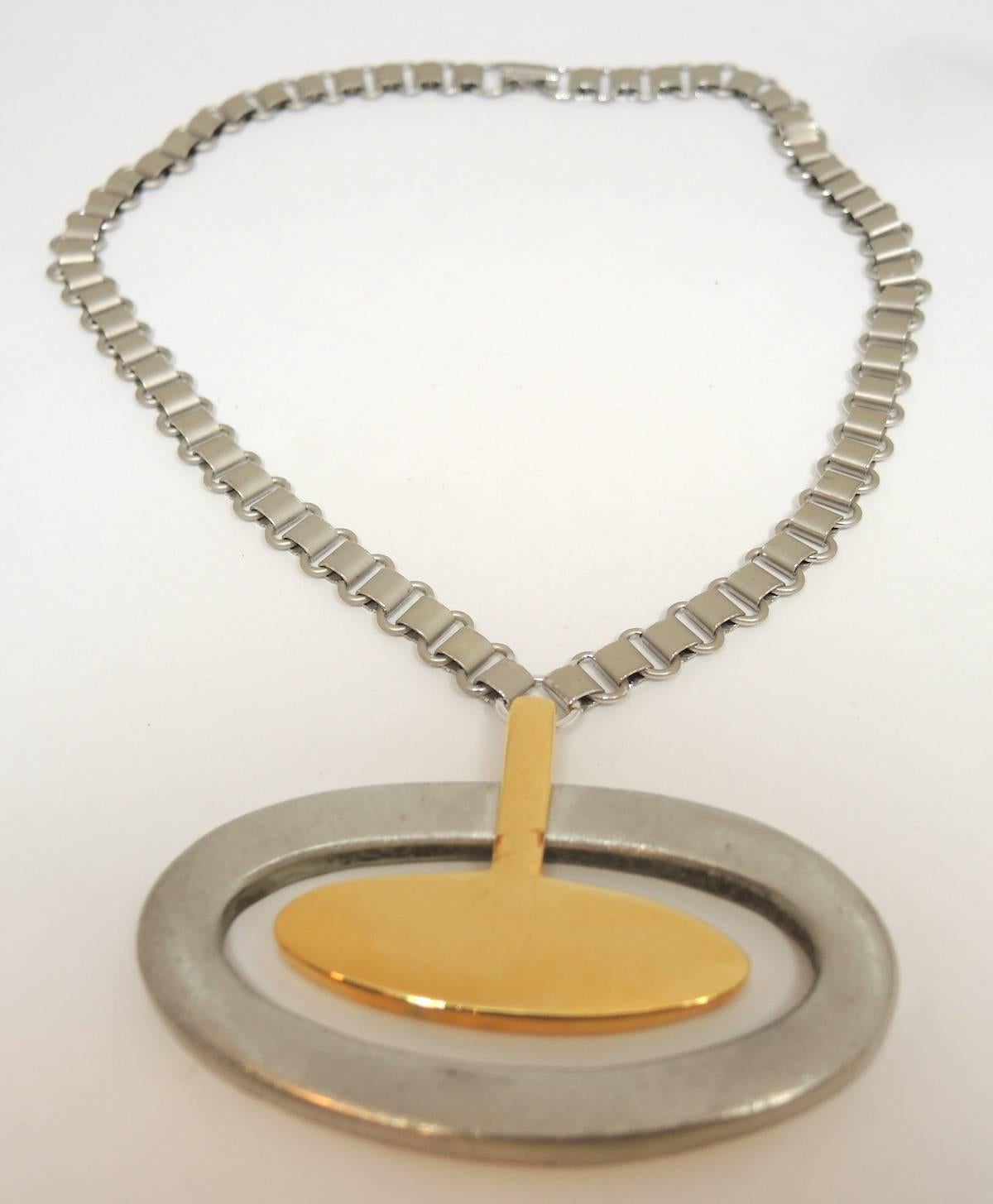 Vintage Faux Silver & Gold Oval Pendant Necklace 1