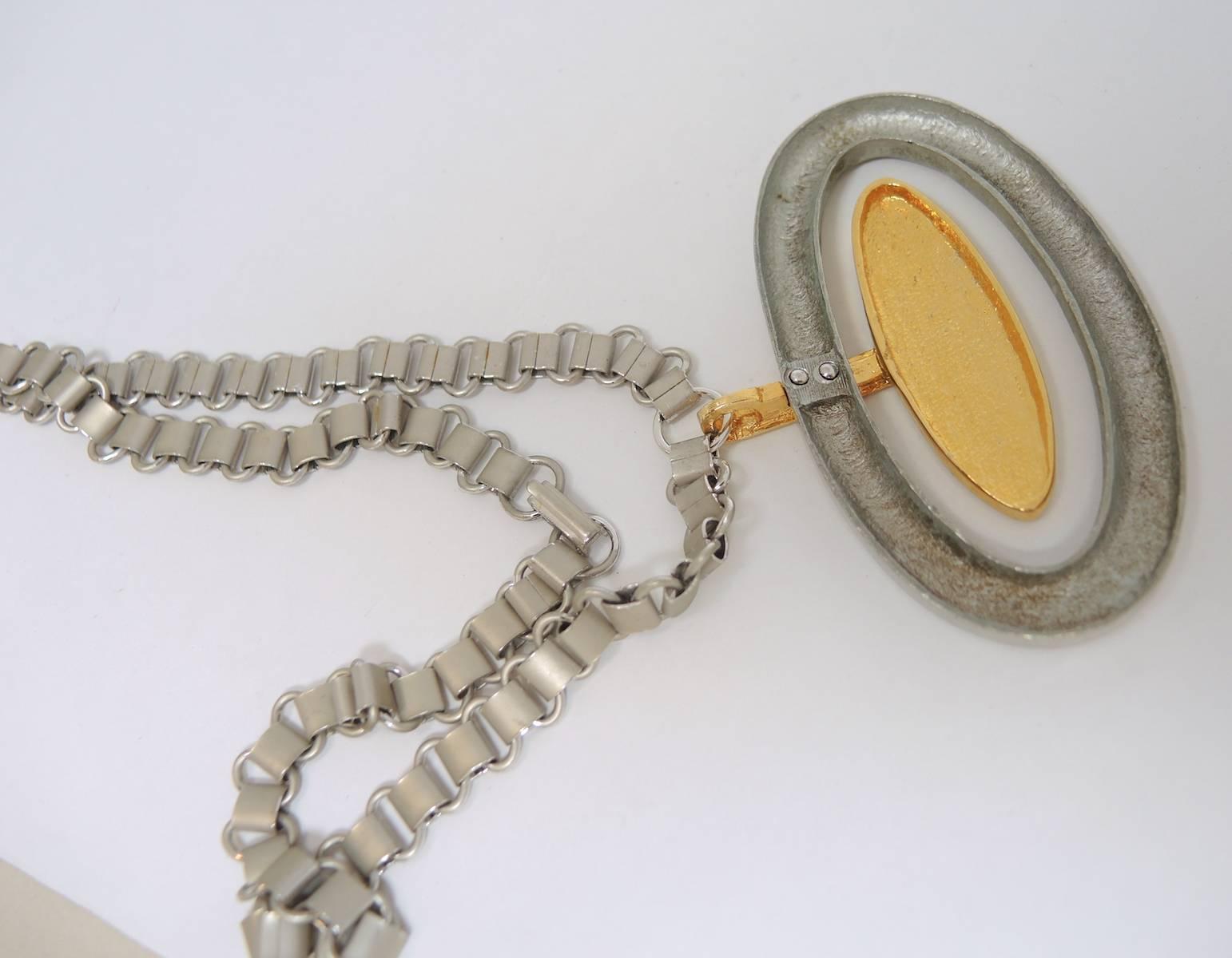 Vintage Faux Silver & Gold Oval Pendant Necklace 2